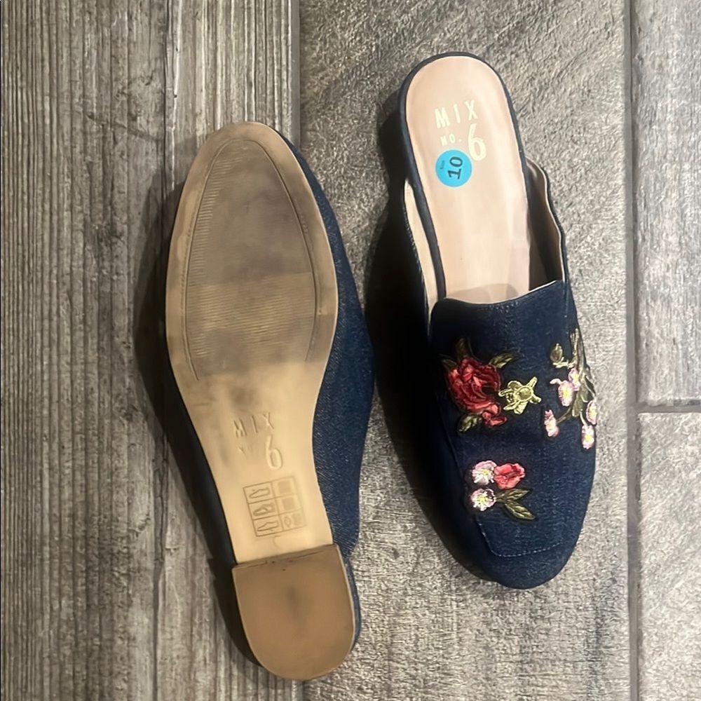 Mix No. 6 Navy denim Floral Mules flats - Picture 3 of 3